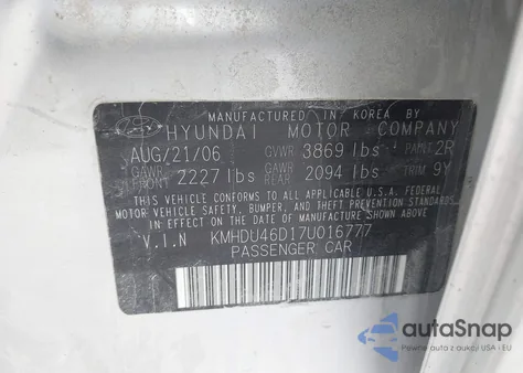 2007 Hyundai Elantra Gls/Limited/Se from USA, damaged, VIN KMHDU46D17U016777